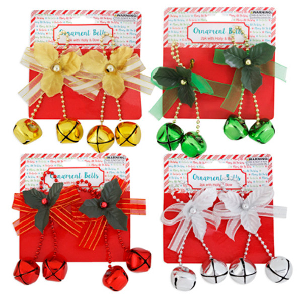 ORNAMENT BELLS 2PK W/HOLLY & BOW 4AST COLORS CHRISTMAS TIE ON CARD/PB ORNAMENT BELLS 2PK W/HOLLY & BOW 4AST COLORS CHRISTMAS TIE ON CARD/PB