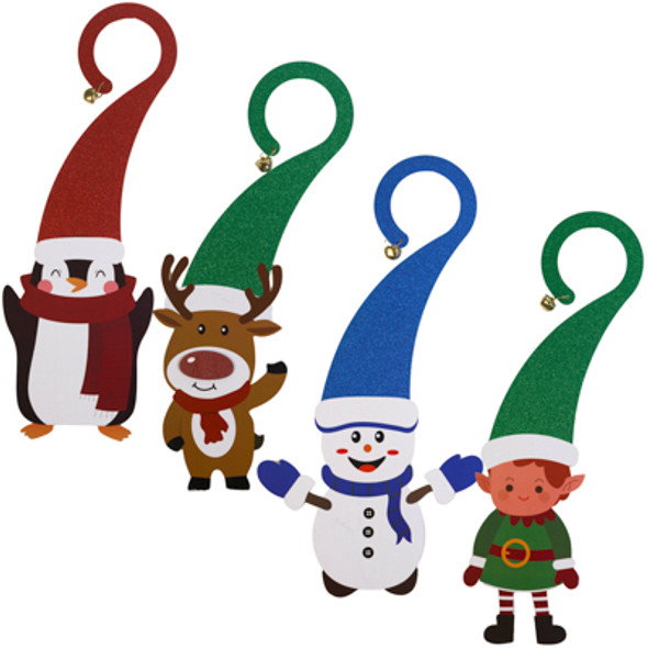 DOOR HANGER MDF 4AST CHRISTMAS CHARACTERS W/GLITTER AND BELL 18.9IN MDF COMPLY/LABEL DOOR HANGER MDF 4AST CHRISTMAS CHARACTERS W/GLITTER AND BELL 18.9IN MDF COMPLY/LABEL