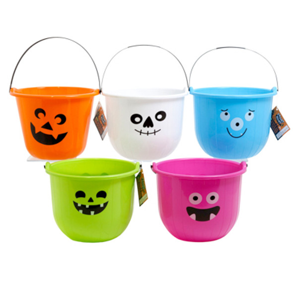 CANDY BUCKET W/HANDLE 5AST CHARACTER DESIGNS/COLORS 9IN DIA X 7IN H100G HW/HT CANDY BUCKET W/HANDLE 5AST CHARACTER DESIGNS/COLORS 9IN DIA X 7IN H100G HW/HT