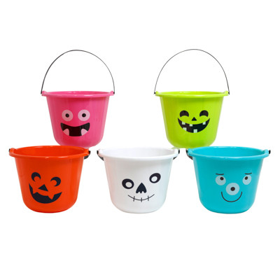CANDY BUCKET W/HANDLE 5AST CHARACTER DESIGNS/COLORS 9IN DIA X 7IN H100G HW/HT