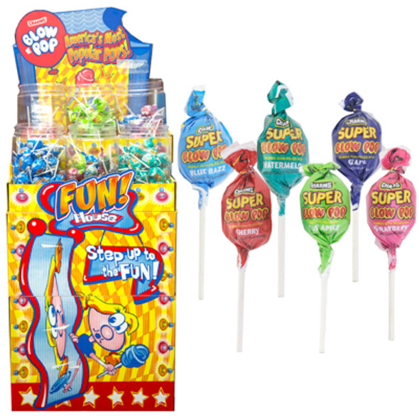 CHARMS SUPER BLOW POP 432CT 6 ASSORTED FLAVORS 72 EA FUN HOUSE FLOOR DISPLAY