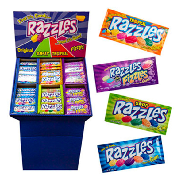 RAZZLES 4 FLAVORS 1.4 OZ ORIGINAL, BERRY, SOUR, TROPICAL DELUXE FLOOR DISPLAY