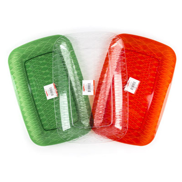 SERVING TRAY CRYSTAL LOOK RECTANGLE 16INL RED/GREEN/CLEAR UPC LABEL 10.43"X15.94" CASE CUT DISPLAY