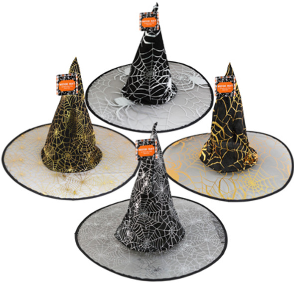 WITCH HAT ADULT 18IN 2AST WEB/SPIDER PATTERNS EA IN GOLD OR SILVER HT/JHOOK WITCH HAT ADULT 18IN 2AST WEB/SPIDER PATTERNS EA IN GOLD OR SILVER HT/JHOOK