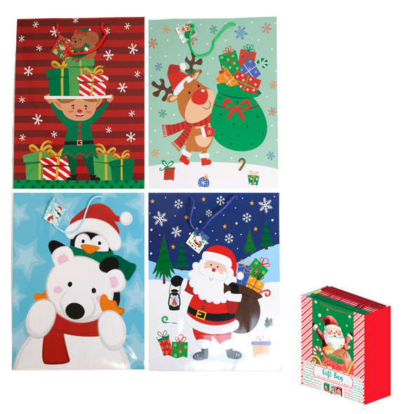 GIFT BAG CHRISTMAS SUPER JUMBO 4AST VERTICAL PRINT 48PC DISPLAY 250GSM/LABEL 15.6 X 7.36 X 19.21IN