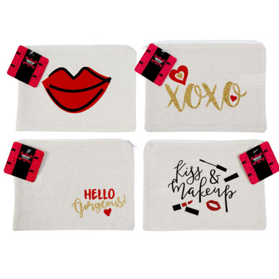COSMETIC BAG CANVAS W/VALENTINE MOTIF 4AST W/GLITTER 8.5 X 6.25IN HT/JHOOK