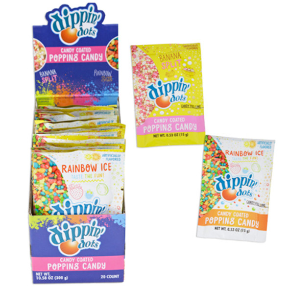 DIPPIN DOTS CANDY COATED POPPING CANDY 20-PC 2 FLAVORS .53-OZ COUNTER DISPLAY DIPPIN DOTS CANDY COATED POPPING CANDY 20-PC 2 FLAVORS .53-OZ COUNTER DISPLAY