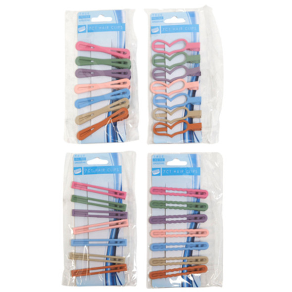 HAIR CLIPS 7CT MULTI-COLOR 4AST STYLES HEART/RECTANGLE/2LOOP/WAVY POWDERCOAT FINISH TCD IN POLYBAG
