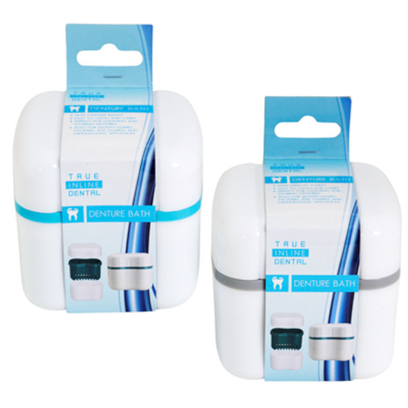 DENTURE BATH CASE W/STRAINER BASKET ALSO ORTHO RETAINER/BITE GUARD STORAGE 2AST CLRS SLEEVECARD