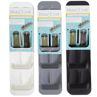 SPICE JAR DRAWER ORGANIZER SPACE SAVING HOLDS 8 3AST COLORS 3.62X1.77X15.42IN IN USE SLEEVECARD