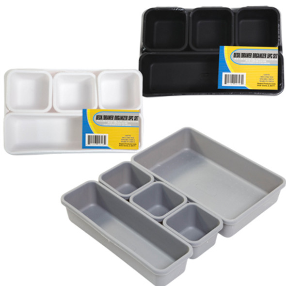 DESK/DRAWER ORGANIZER 5PC SET INTERLOCKING 3AST COLORS WHITE/BLACK/GREY SHRINK W/LABEL