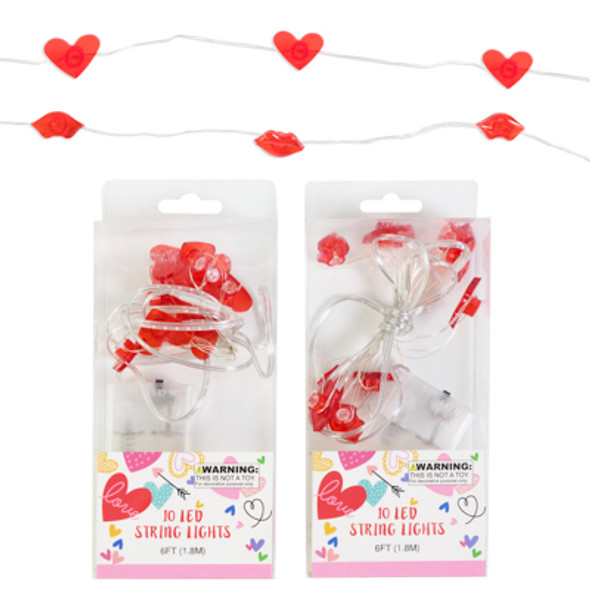 STRING LIGHTS LED VALENTINE 6FT 2AST HEARTS/LIPS BATTERYOPP NOT INCLD/PEGGABLE PVC BOX/INSRT