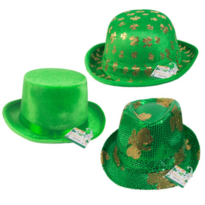 HAT ST PATRICK'S 3AST SHAMROCK HOTSTAMP DERBY/SEQUINS FEDORA/VELVET TOPHAT JHOOK/HT