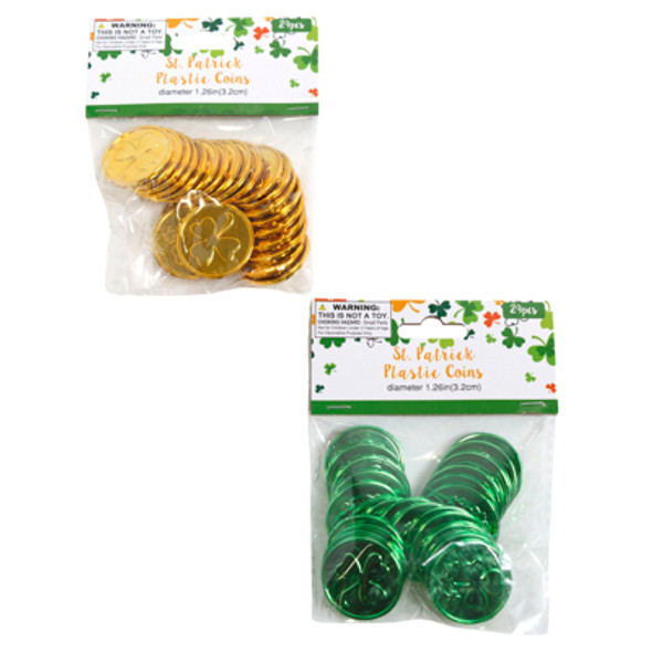 COINS ST PATRICK'S 24CT PLASTIC 2 AST COLORS GREEN/GOLD PBH 0.35IN DIA