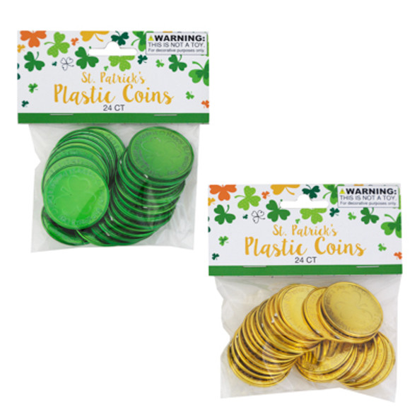 COINS ST PATRICK'S 24CT PLASTIC 2 AST COLORS GREEN/GOLD PBH 0.35IN DIA