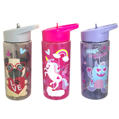 SIPPER BOTTLE W/FLIPTOP STRAW 16OZ 3AST VALENTINE PRINTS UPC LABEL