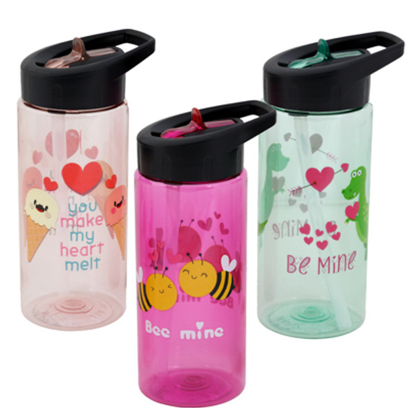 SIPPER BOTTLE W/FLIPTOP STRAW 16OZ 3AST VALENTINE PRINTS UPC LABEL