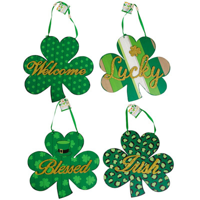 HANGING DECOR ST PATRICK'S WALL PLAQUE SHAMROCK W/GLITTER & BEADS 13X12 4AST MDF COMPLY/LABEL