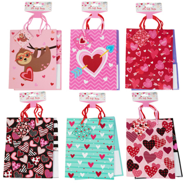 GIFT BAG 2PK VALENTINE MEDIUM 7.1X4X8.9IN 6AST COMBOS VAL BARBELL HDR