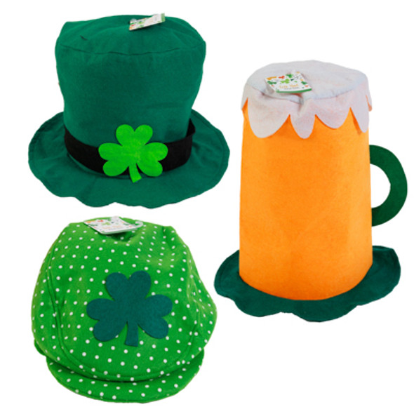 HAT ST PAT FELT NOVELTY 3AST BEER MUG/LEPRECHAUN TOPHAT/POLKA DOT BERET ADULT SIZE HT/JHOOK