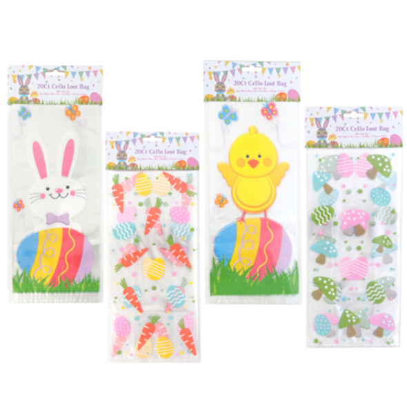 LOOT BAG CELLO 20CT 4ASST EASTER PRINTS 11X5X3IN/EA 24PC MDSG STRIP IN SEALED POLYBAG EASTER PBH