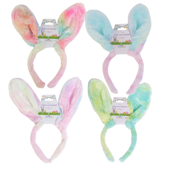 BUNNY EAR HEADBAND SOFT PLUSH AST PASTEL TIE-DYE LOOK COLORS EASTER /HDR