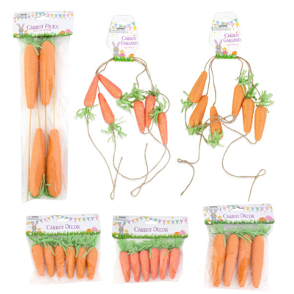 EASTER CARROT STYROFOAM DECOR 6AST 2AST 6FT GARLANDS/4PK PICK/4&6PK STRING WRAP'D/6CT GLITTER