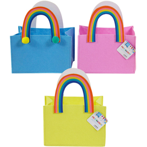 PARTY GOODIE TREAT BAG RAINBOW HANDLE & POM POM TRIM FELT 7.5X4.5X5IN 3AST HT PARTY GOODIE TREAT BAG RAINBOW HANDLE & POM POM TRIM FELT 7.5X4.5X5IN 3AST HT
