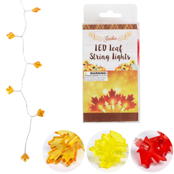 HARVEST LEAVES 10 LED STRING LIGHTS 4-FT 3AST CLRS/2AA BATT OP NOT INCLD/PEGGABLE PVC BOX/INSRT HARVEST LEAVES 10 LED STRING LIGHTS 4-FT 3AST CLRS/2AA BATT OP NOT INCLD/PEGGABLE PVC BOX/INSRT