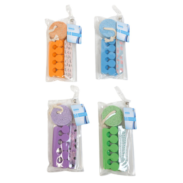 PEDICURE SET 4-PC 4AST COLORS W/PUMICE/FILE/2 TOE SEPARATORS PVC REUSABLE POUCH HBA HT PEDICURE SET 4-PC 4AST COLORS W/PUMICE/FILE/2 TOE SEPARATORS PVC REUSABLE POUCH HBA HT