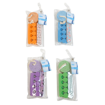 PEDICURE SET 4-PC 4AST COLORS W/PUMICE/FILE/2 TOE SEPARATORS PVC REUSABLE POUCH HBA HT