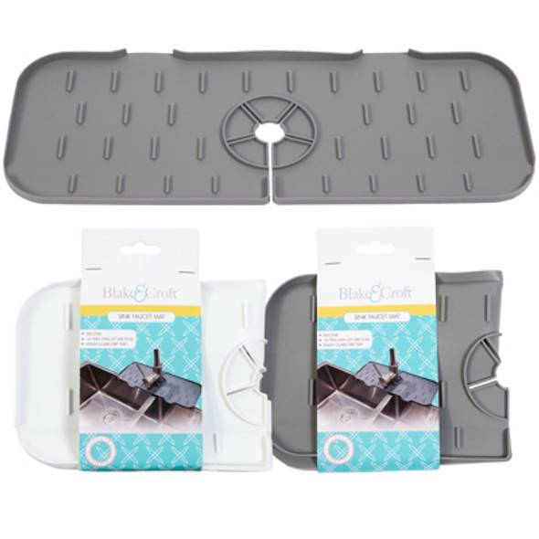 SINK FAUCET MAT SPLASH GUARD DRIP TRAY SILICONE 14.76X5.35IN 2AST COLORS B&C SLEEVECARD *MSRP 9.99+* SINK FAUCET MAT SPLASH GUARD DRIP TRAY SILICONE 14.76X5.35IN 2AST COLORS B&C SLEEVECARD *MSRP 9.99+*