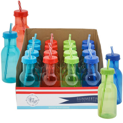 NOVELTY DRINK BOTTLE MILK JUG SHAPE W/STRAW 11.8oz IN 16 PC PDQ 4AST COLORS