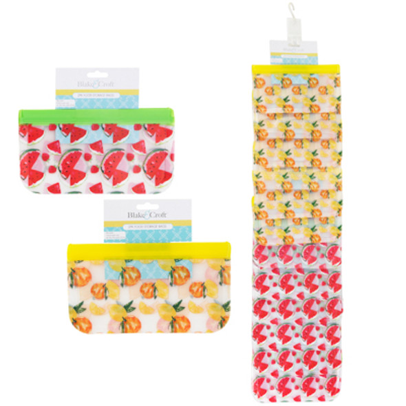 FOOD STORAGE BAG REUSABLE 2AST PRINTED 2PK SNACK SIZE 8.7X4.7IN ON 12PC DISP STRIP B&C TCD