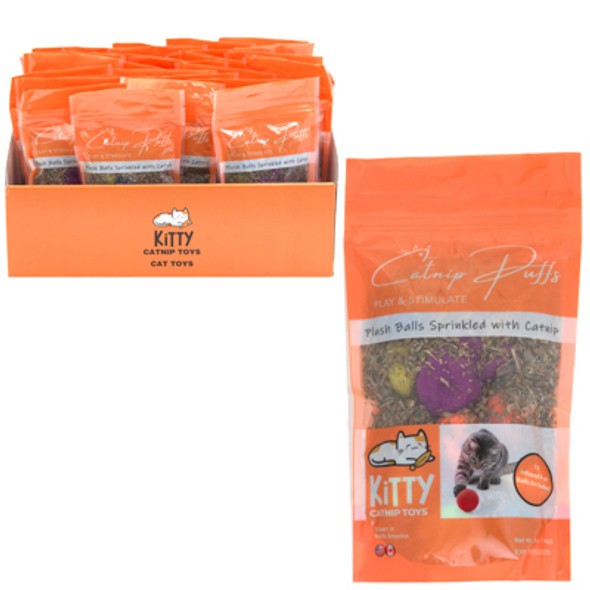 CAT TOY WITH .5 OZ CATNIP PUFF BALLS 7PK ASSORTED COLORS IN COUNTER DISPLAY
