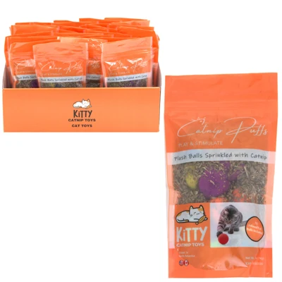 CAT TOY WITH .5 OZ CATNIP PUFF BALLS 7PK ASSORTED COLORS IN COUNTER DISPLAY