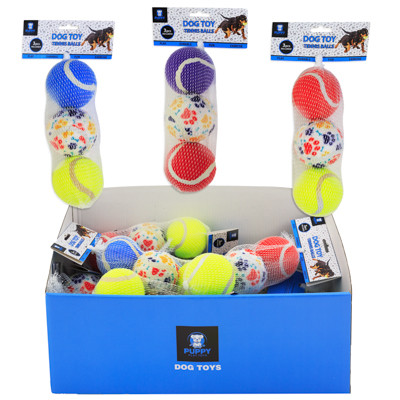DOG TOY TENNIS BALLS ASSORTED 3PK 2.5 INCH 2 SOLID/1 PRINT IN MESH BAG