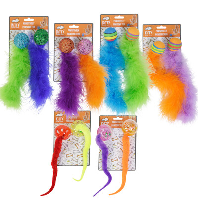 CAT TOY BALLS WITH TAILS 2PK ASSORTED COLORS IN CHAIN STRIP STRIP