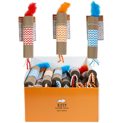CAT TOY CARDBOARD ROLLER 9 INCH WITH CATNIP ASSORTED COLORS TAIL AND RIBBON IN COUNTER DISPLAY