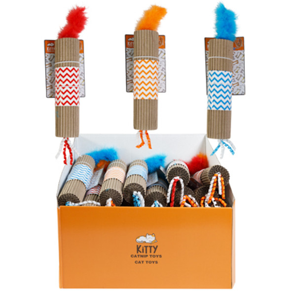 CAT TOY CARDBOARD ROLLER 9 INCH WITH CATNIP ASSORTED COLORS TAIL AND RIBBON IN COUNTER DISPLAY