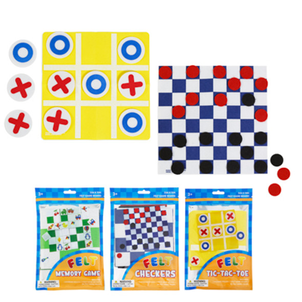 GAMES FELT BOARD & GAME PIECES 3AST MEMORY,CHECKERS,TIC TAC IN PRTD BAG GAMES FELT BOARD & GAME PIECES 3AST MEMORY,CHECKERS,TIC TAC IN PRTD BAG