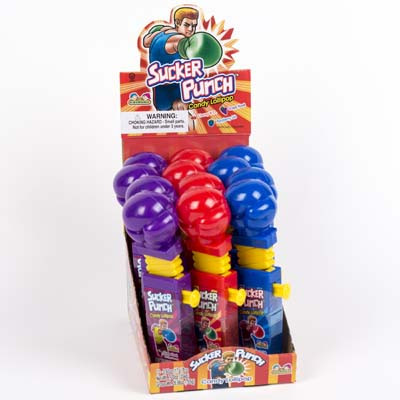 LOLLIPOP SUCKER PUNCHIN 12-CT 3-ASSORTED CHERRY, GRAPE & RASPBERRY COUNTER DISPLAY