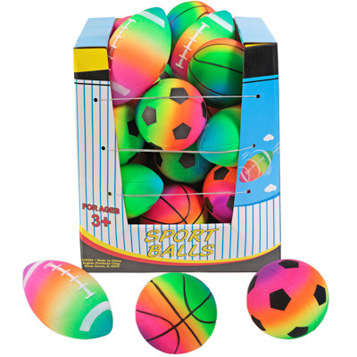 RAINBOW SPORTS BALLS 24-PC PVC 3-ASSORTED SOCCER, BASKETBALL & FOOTBALL 4.75-IN COUNTER DISPLAY