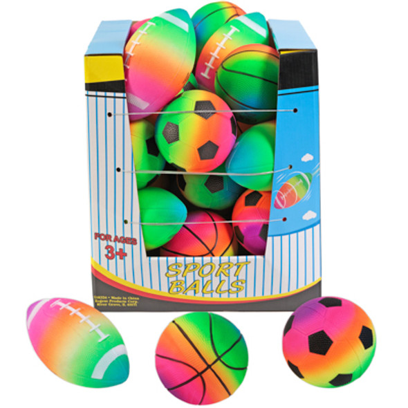 RAINBOW SPORTS BALLS 24-PC PVC 3-ASSORTED SOCCER, BASKETBALL & FOOTBALL 4.75-IN COUNTER DISPLAY
