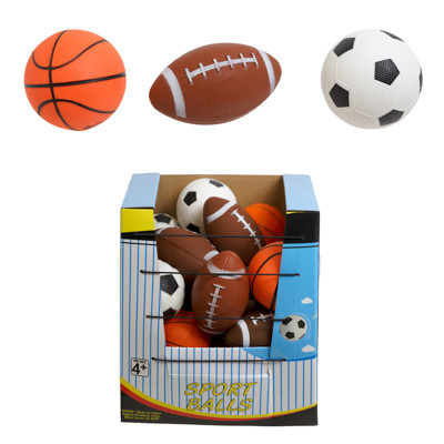 SPORTS BALLS TRADITIONAL 3 ASST SOCCER/BASKET/FOOTBALL PVC 4.75IN 24PC PDQ