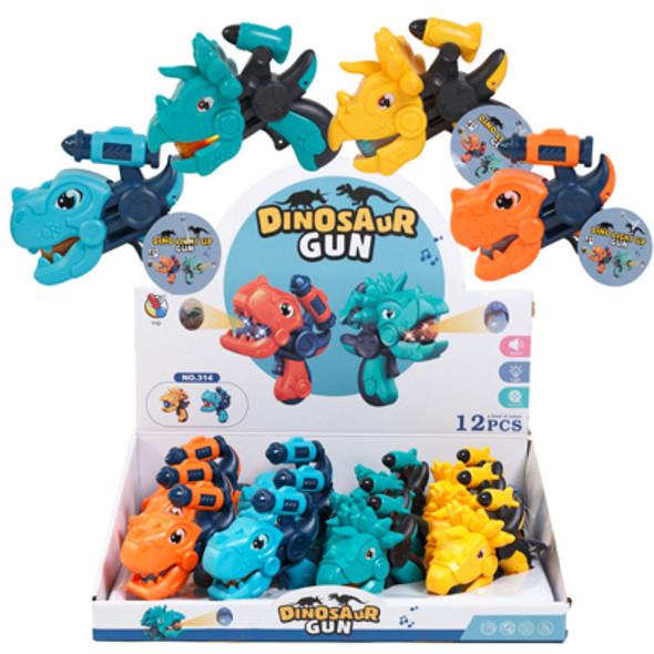 DINO LIGHT-UP GUN W/SOUND 12PC 4.25IN 4 ASSORTED STYLES EA W/HT COUNTER DISPLAY