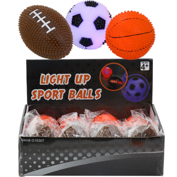 SPORT BALL SPIKEY BOUNCING LIGHT-UP 3AST 2.75IN FOOTBALL/SOCCER/BASKETBALL IN 12PC PDQ SPORT BALL SPIKEY BOUNCING LIGHT-UP 3AST 2.75IN FOOTBALL/SOCCER/BASKETBALL IN 12PC PDQ