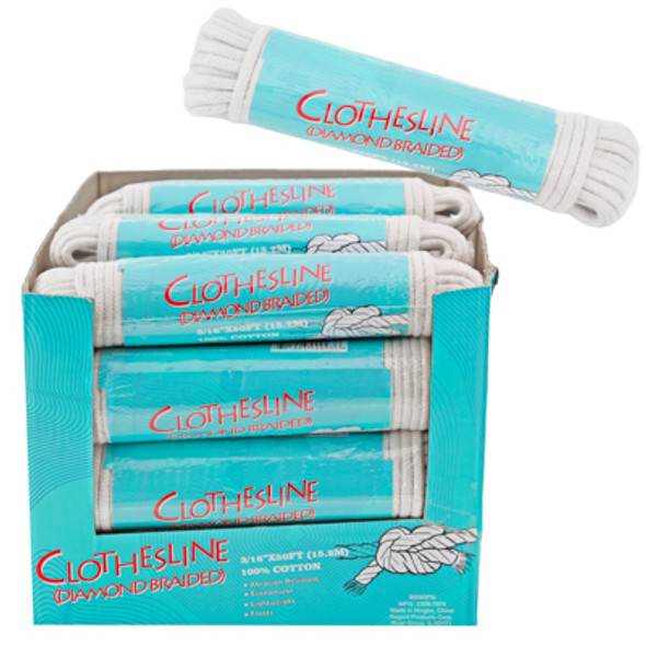 CLOTHESLINE 50FT COTTON W/ POLY FIBER SHRINK W/ LABEL IN 24PC PDQ