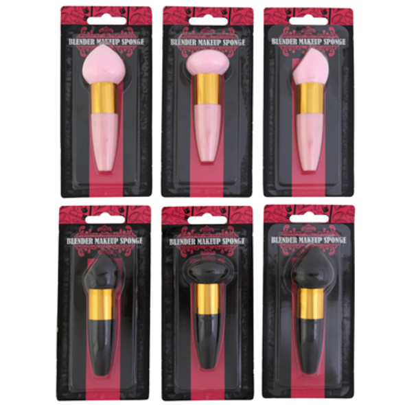 HANDLED MAKEUP BLENDER SPONGE 3 SHAPE HEADS EA IN PINK/BLACK HBA BLC