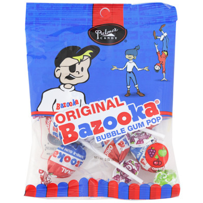 PALMER CANDY BAZOOKA BUBBLE GUM POPS 3 ASSORTED GRAPE APPLE CHERRY 3 OZ PEG BAG